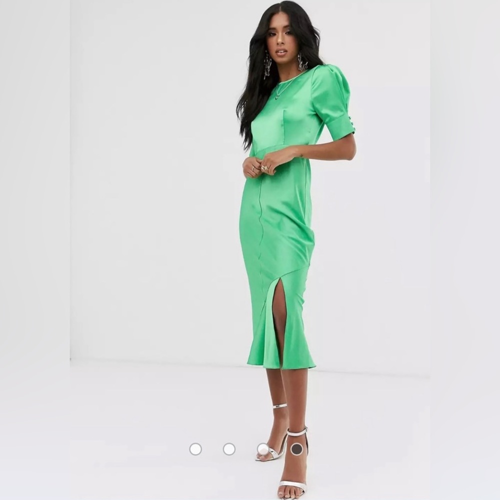 ASOS Green Silk Midi Dress With Puff Sleeves | size M